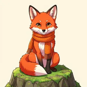 a cute red fox wearing a knitted orange scarf, sitting on a mossy rock, anime illustration, cel shading, vibrant colors