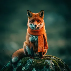 a cute red fox wearing a knitted orange scarf, sitting on a mossy rock, cinematic film still, dramatic lighting, anamorphic lens