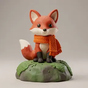 a cute red fox wearing a knitted orange scarf, sitting on a mossy rock, 3D clay render, soft studio light, playful rounded shapes