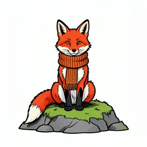 a cute red fox wearing a knitted orange scarf, sitting on a mossy rock, comic book art, bold ink outlines, halftone dots