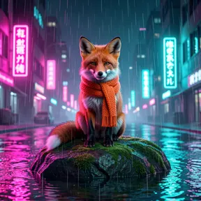 a cute red fox wearing a knitted orange scarf, sitting on a mossy rock, neon cyberpunk night, glowing lights, rain reflections