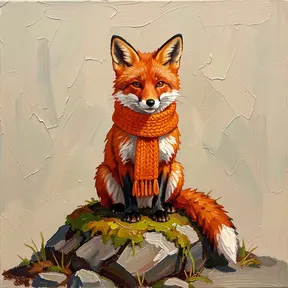 a cute red fox wearing a knitted orange scarf, sitting on a mossy rock, oil painting, thick impasto brush strokes, rich color