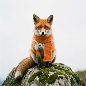 a cute red fox wearing a knitted orange scarf, sitting on a mossy rock, realistic photo, natural light, 35mm film