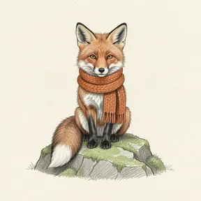 a cute red fox wearing a knitted orange scarf, sitting on a mossy rock, pencil sketch, graphite hatching on paper
