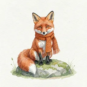 a cute red fox wearing a knitted orange scarf, sitting on a mossy rock, watercolor painting, soft washes, paper texture