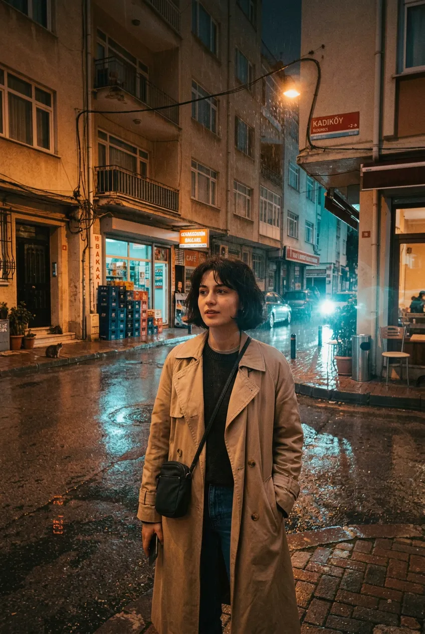 Aynı sokak, neon yansımalı yağmurlu bir geceye çevrilmiş