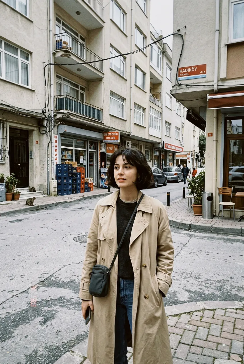 Gündüz bir sokakta trençkotlu bir kadın