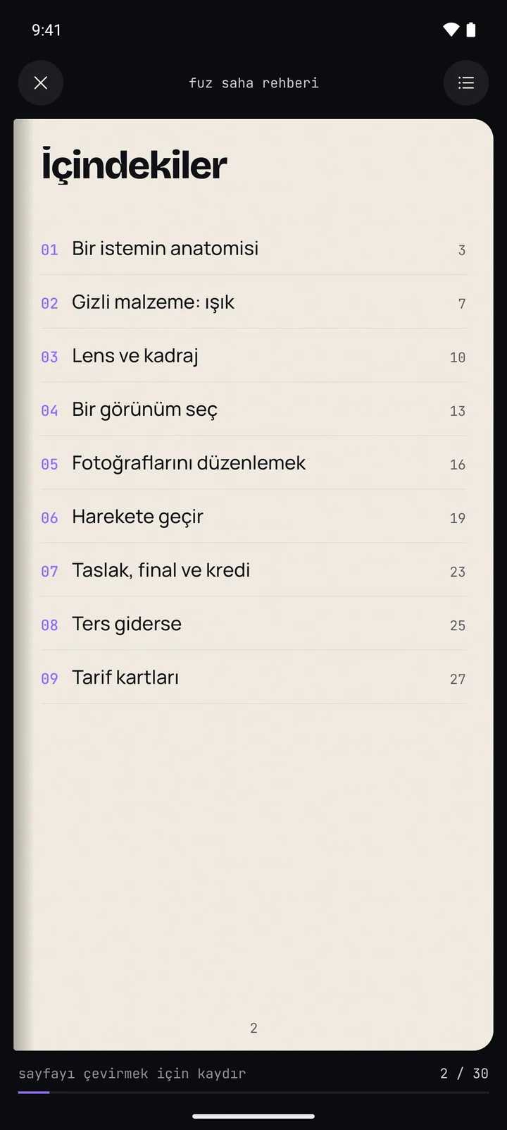 Fuz Saha Rehberi’nin içindekiler sayfası
