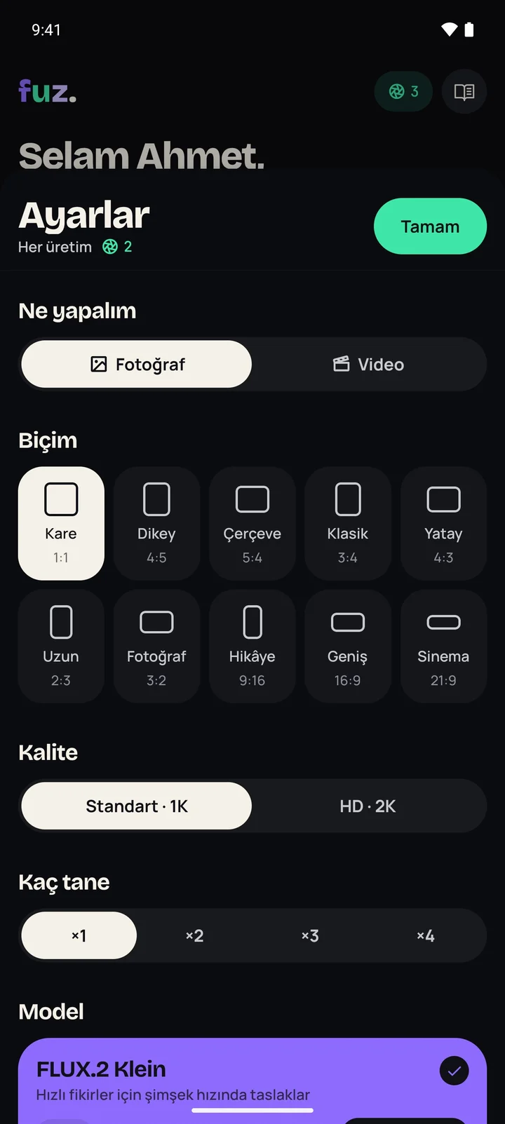 Fuz ayarlar sayfası: biçim, kalite ve model seçenekleri